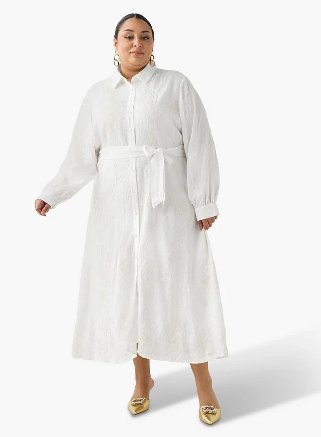  أولا بوبكن Ulla Popken Midi Shirt Dress with Floral Embroidery